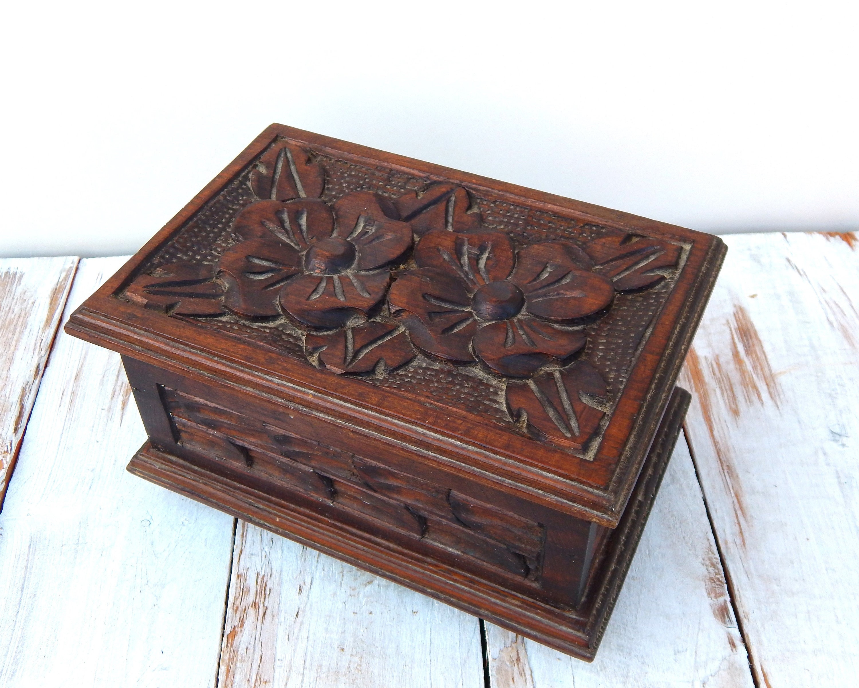 Carved Wood Box, Boho Rustic Wooden Jewelry Box With Deeply