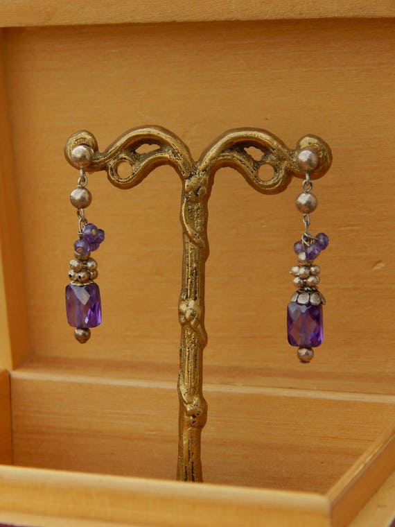 Vintage Sterling Silver Amethyst Earrings, Dangle… - image 2