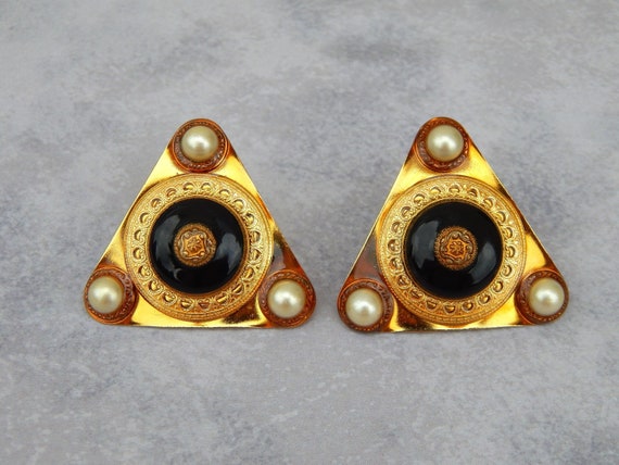 PATTI HORN Earrings Clip-Ons, Black and Gold Tone… - image 1