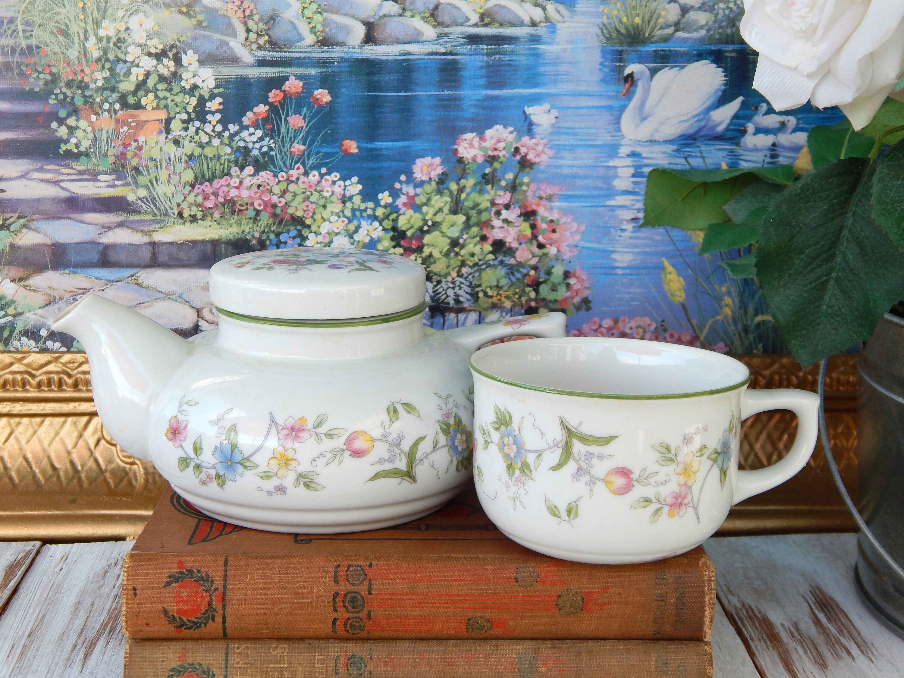 ANDREA SADEK Teapot and Cup JAPAN, Tea for One, Floral Porcelain