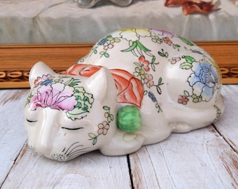 Chinese Porcelain Cat CPC Macau, Vintage Sleeping Cat Figurine, Cat Lover Gift, Chinoiserie