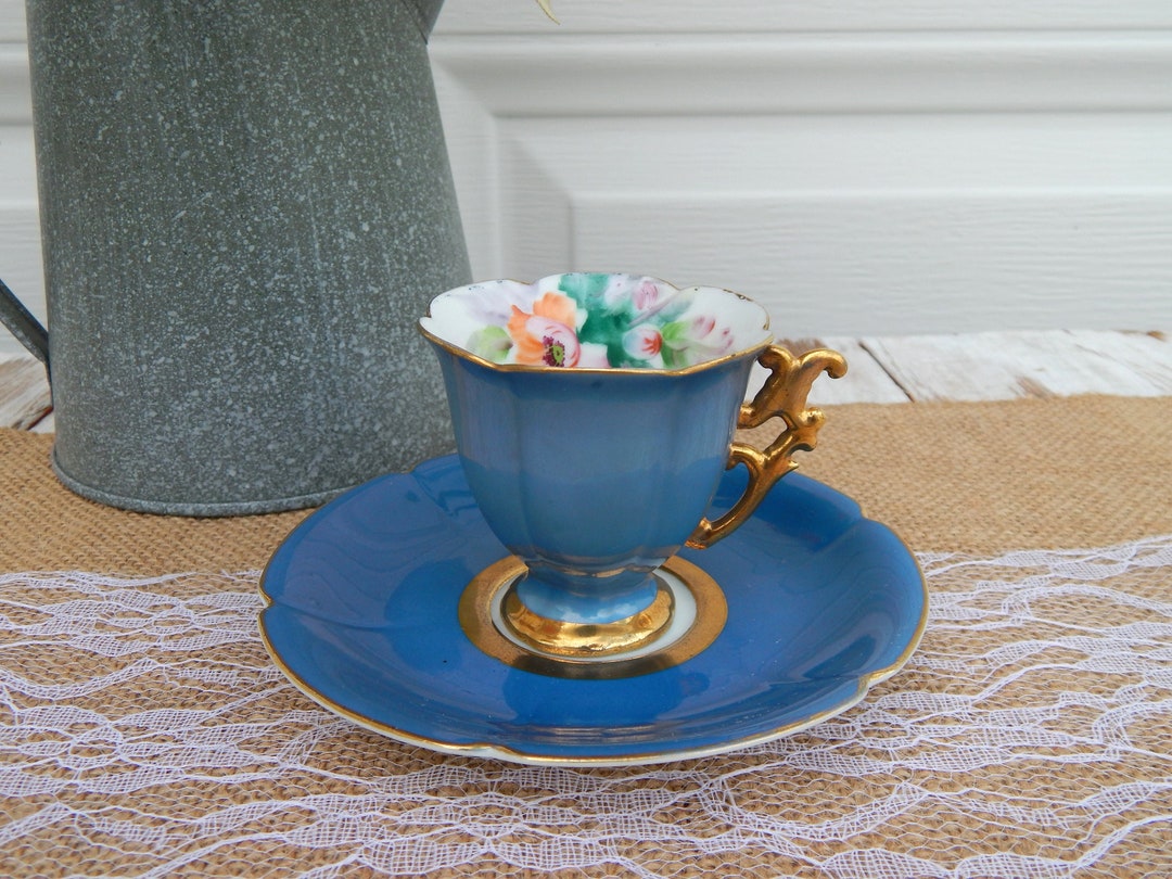 Antique Cup OCCUPIED JAPAN Blue Gold Hand Painted Flowers