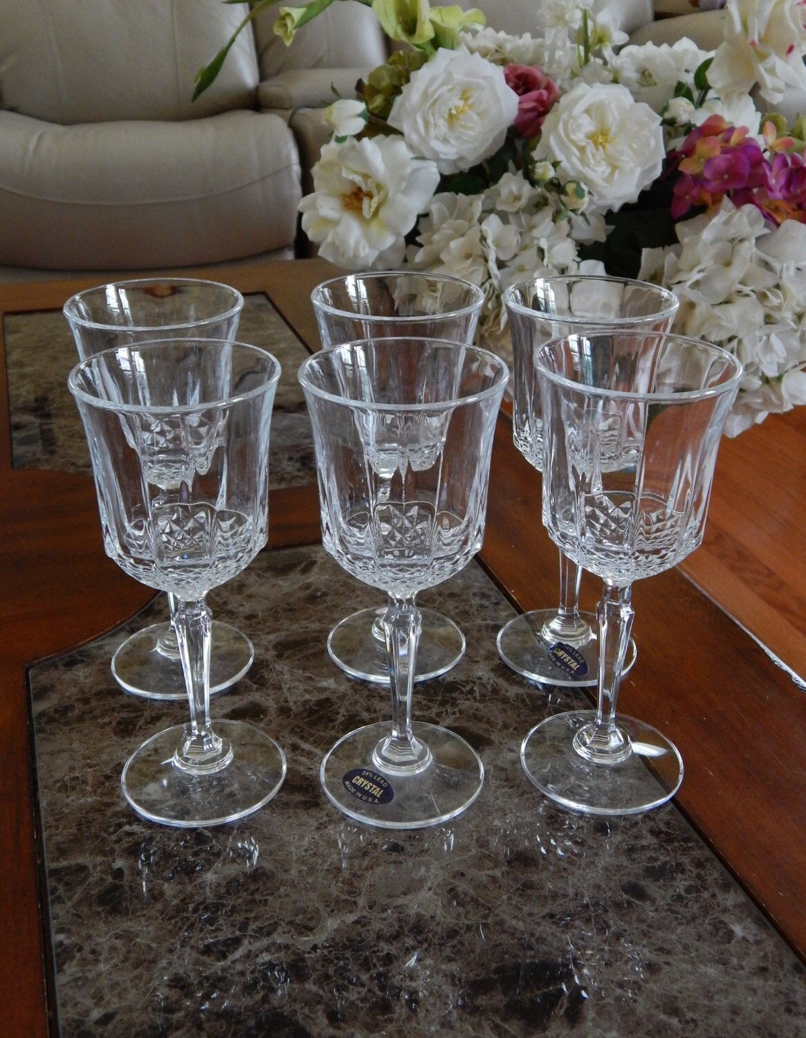 Crystal Wine Glasses Set of 6, Vintage Cut Crystal Stemware