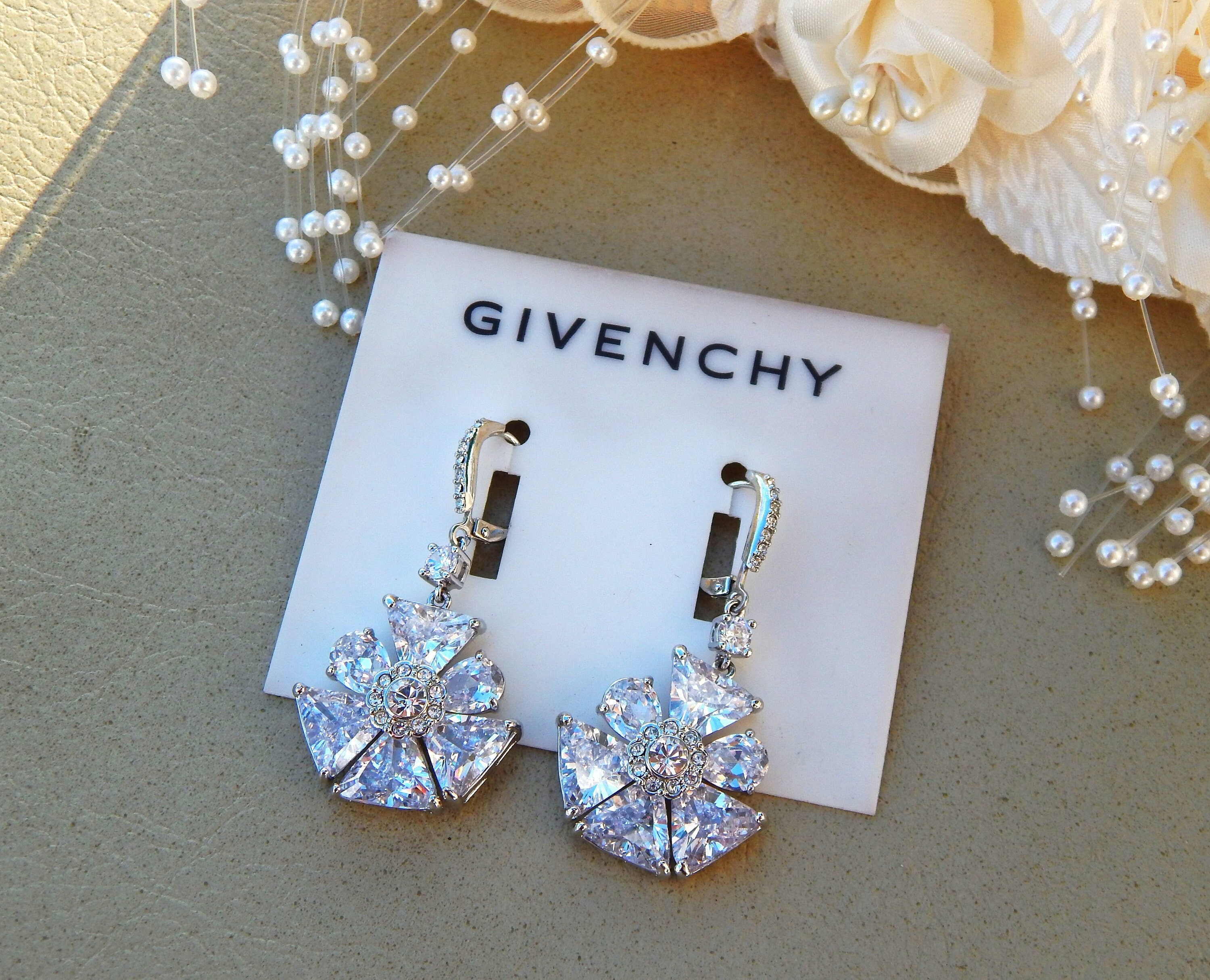 GIVENCHY Earrings Cubic Zirconia Flowers, Silver Tone Long GIVENCHY Earrings Cubic Zirconia Flowers, Silver Tone Long