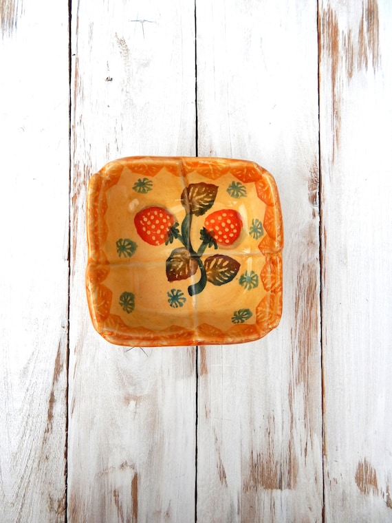 Italian Square Bowl, Condiment Bowl Hand Painted Strawberries, Red