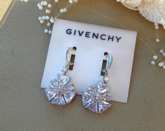 GIVENCHY Earrings Cubic Zirconia Flowers, Silver Tone Long