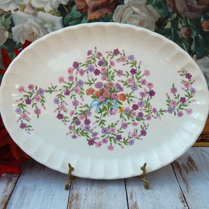 Floral Platter Fiesta by WS George Bolero, Vintage Serving Platter 13.5&quot; Pink Purple Flowers, Oval Platter Thanksgiving