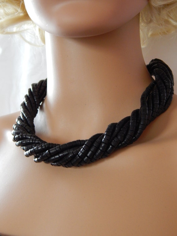 Black Twisted Necklace, Vintage Black Coconut She… - image 3