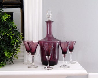 STEUBEN Amethyst Decanter with 5 Cordials Book Piece, Vintage Steuben Purple Hand-Blown Crystal Decanter Matching Cordials, Vintage Barware