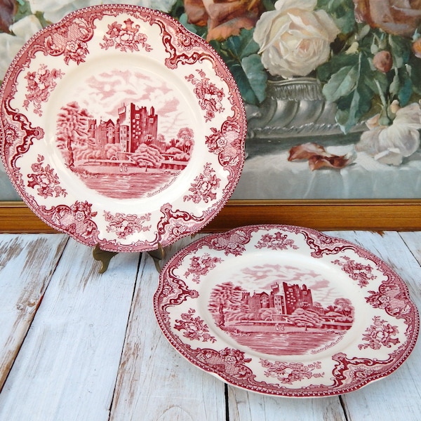 Johnson Bros Plates OLD BRITAIN CASTLES Pink Transferware Dinner Plates Set of 2, English China Dishes Discontinued, Vintage