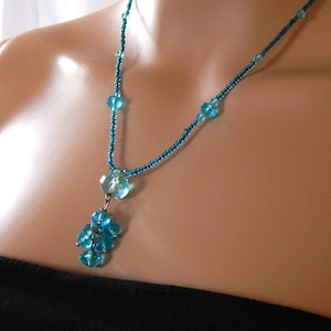 Blue Crystal Necklace, Blue Necklace, Cluster Tassel Lariat Necklace, Blue Y-Necklace, Blue Jewelry