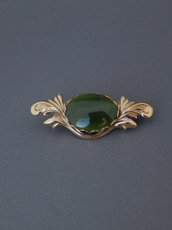Nephrite Jade Brooch, Gold Tone Green Collar Broo… - image 4