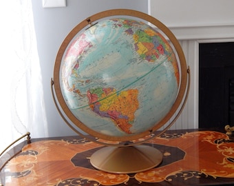 Vintage World Globe, 12" Globe REPLOGLE World Nations, Big Earth Globe Metal Stand 2 Axis, Raised Relief World Globe Desk Office Study Decor
