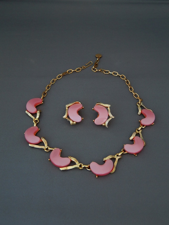 Pink Moonglow Lucite Necklace and Clip Earrings, T