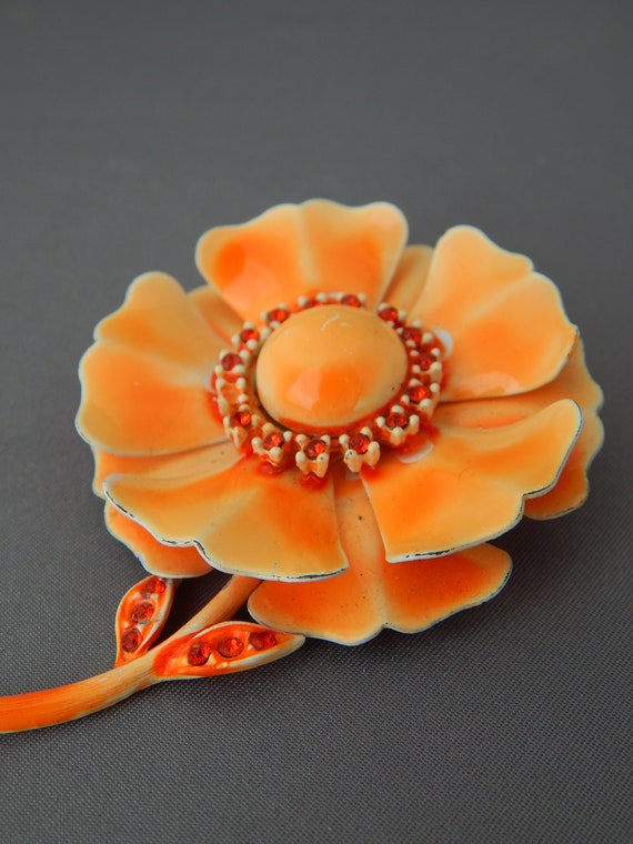 Orange Enamel Flower Pin, Rhinestone Enamel Flowe… - image 5