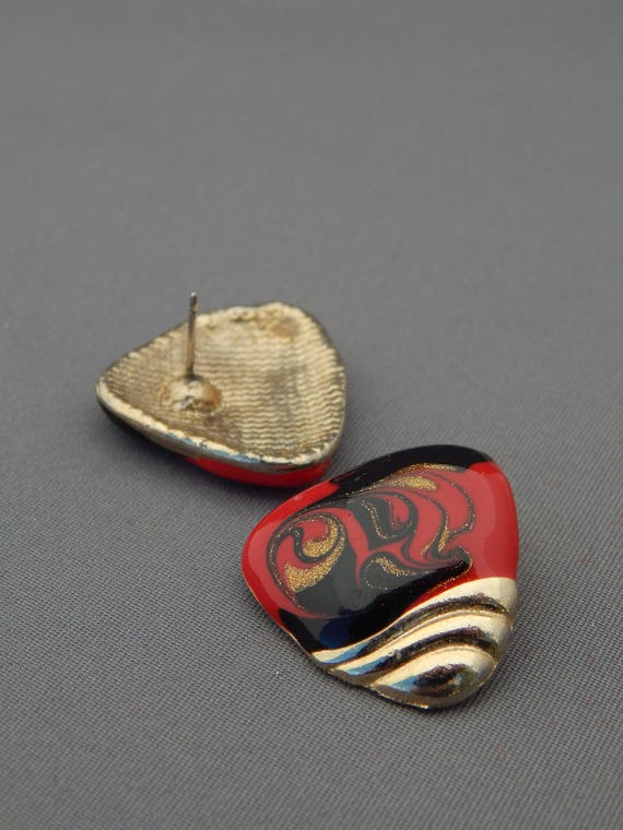 Vintage Enamel Swirl Triangle Earrings, Red Black… - image 2