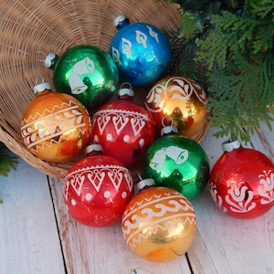 SHINY BRITE Ornaments Lot of 9, Stenciled Mid Century Ornaments Red Gold Blue Green, Vintage Christmas
