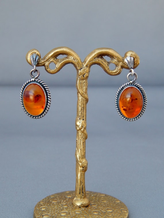 Amber Earrings Sterling Silver, Pierced Silver Amb