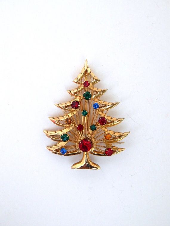 BROOKS Christmas Tree Pin, Harp Rhinestone Christm