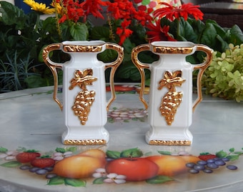 German Miniature Vases Pair White and Gold Vases Grape Motif, Miniature Vases, Harvest Decor, Thanksgiving