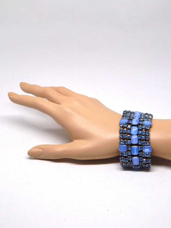 Blue Rhinestone Bracelet, Vintage Cuff Bracelet, Blue