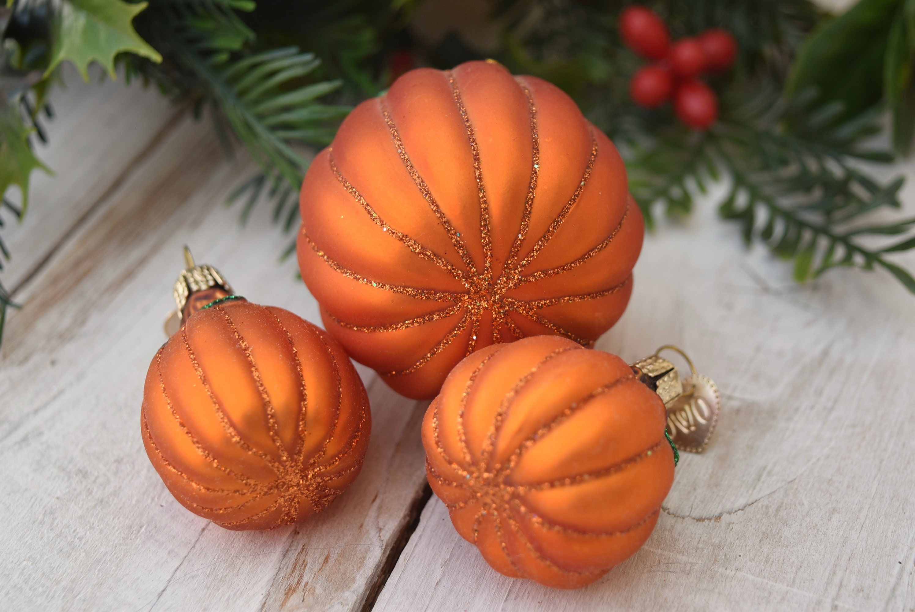 Glass Pumpkin Ornaments Set of 3 Vintage Christmas Etsy