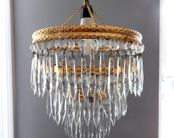 Crystal Chandelier Czechoslovakia, Vintage Small Crystal Chandelier, Brass and Crystals European Chandelier