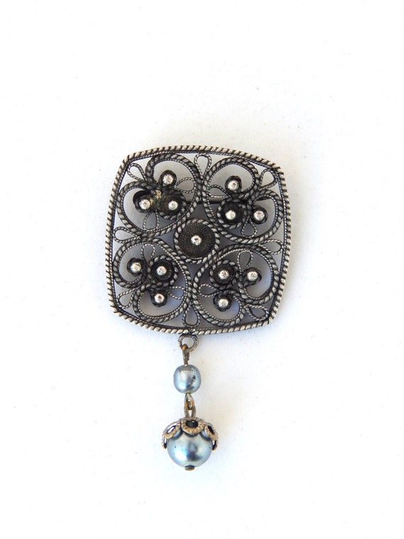 Filigree Pin Cannetille Art Deco, Square Silver F… - image 2