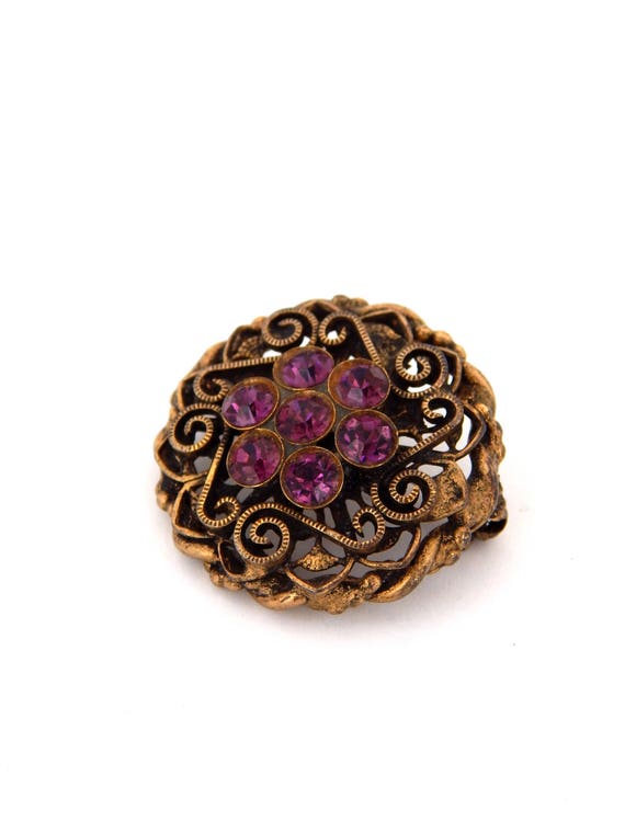Purple Rhinestone Pin Gold Tone Filigree Round Br… - image 3