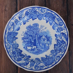 SPODE Rural Scenes Dinner Plate White and Blue Transferware Plate England The Spode Blue Room Collection, English China Dinner Plate