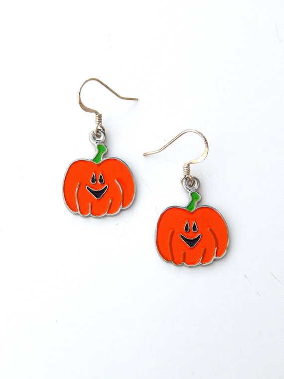 Jack-O-Lantern Earrings, Orange Enamel Pumpkin Ea… - image 1