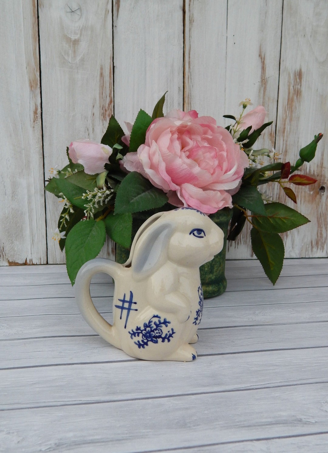 Vintage Chinoiserie Rabbit Creamer White and Blue, Hand-painted Ceramic ...