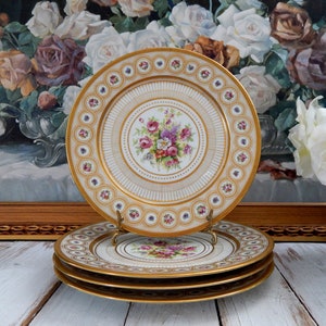Antique GUERIN LIMOGES France Dinner Plates Set of 4, Hand-Painted Flowers Gold Gilded Grid Dinner Plates Limoges France RARE! Thanksgiving