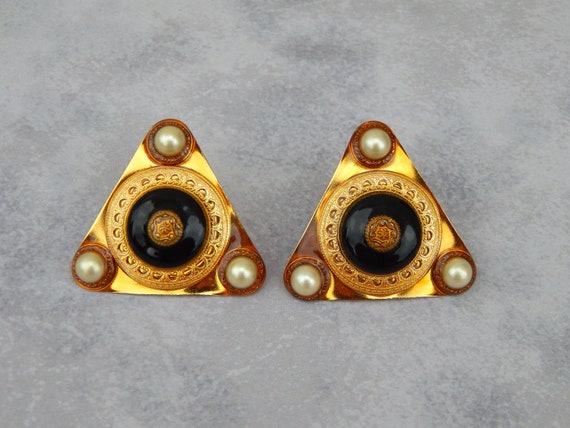 PATTI HORN Earrings Clip-Ons, Black and Gold Tone… - image 5