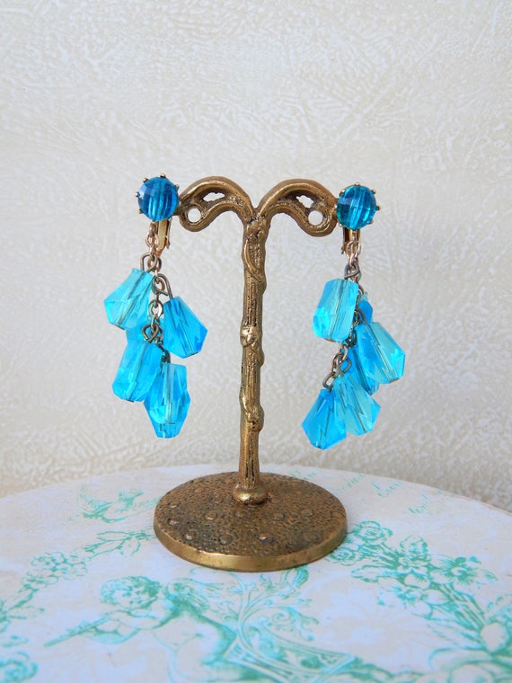 Blue Lucite Earrings Clip-Ons, Long Dangly Earrin… - image 2