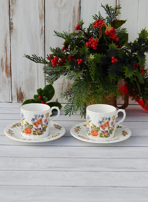 Porcelain Set of Two Espresso Cups and Saucers