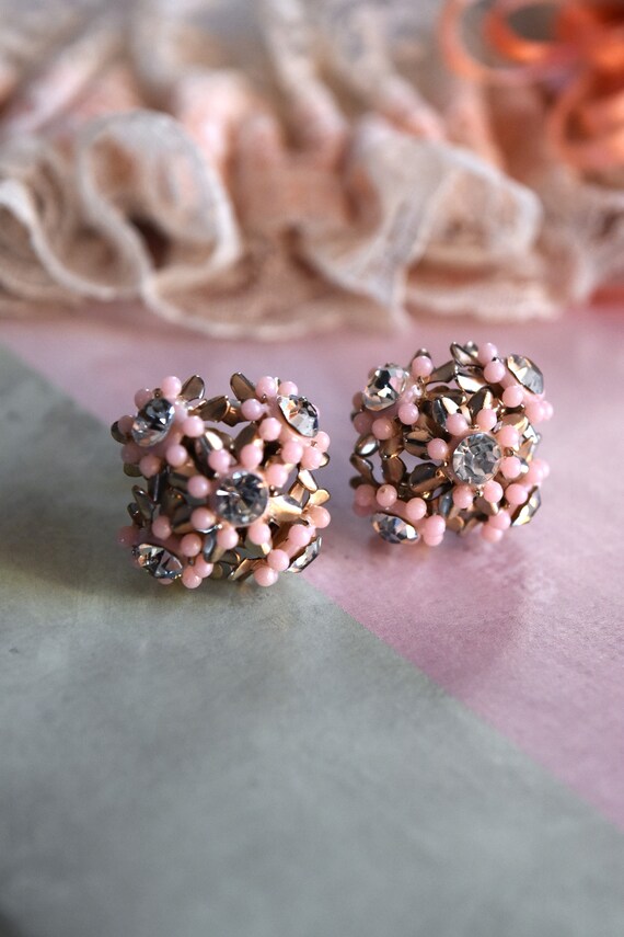 Pink Flower Earrings Screw-Backs Celluloid Rhines… - image 7