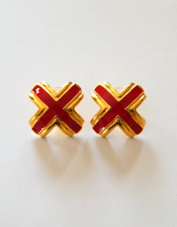 Vintage Red Enamel X Earrings, Red and Gold Earrin