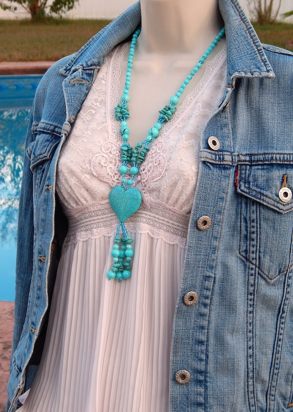 Faux Turquoise Necklace with Heart Pendant and Bea