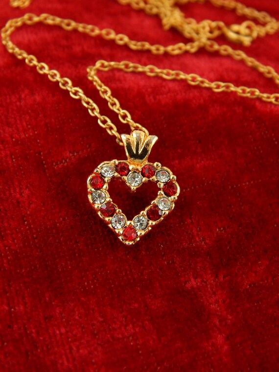 Heart Pendant Necklace Faux Ruby and Diamond Gold Tone Heart