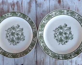 Antique Platters ROYAL Green Trellis Set of 2, Porcelain Round Platters Green Trellis Ivy  Border, Thanksgiving
