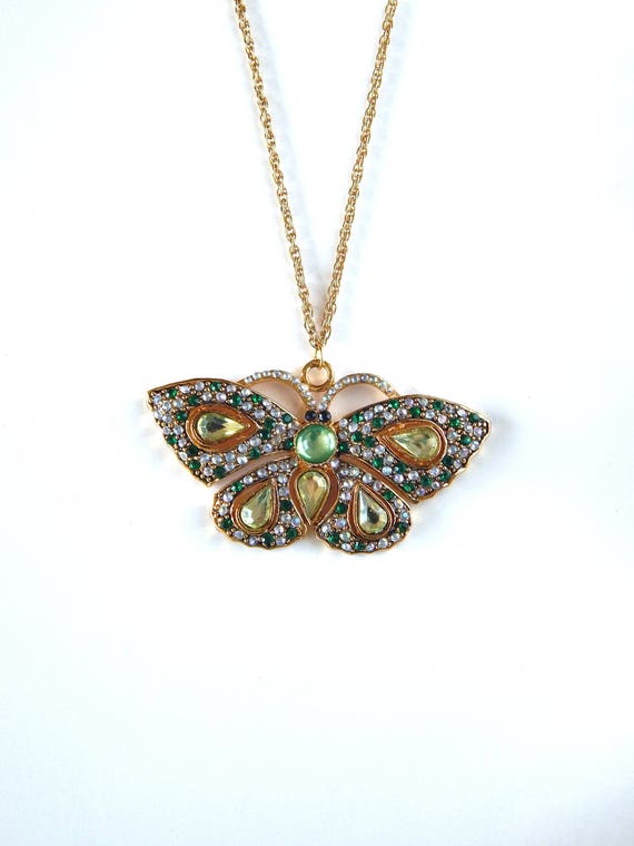 Rhinestone Butterfly Necklace, Green Crystals Big 