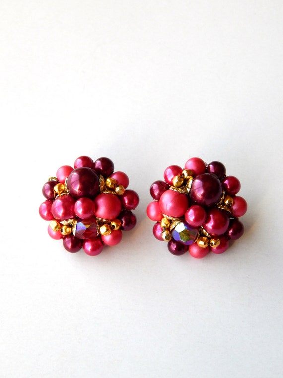 Pink Cluster Earrings Clip-Ons, Pink Fuchsia Gold 