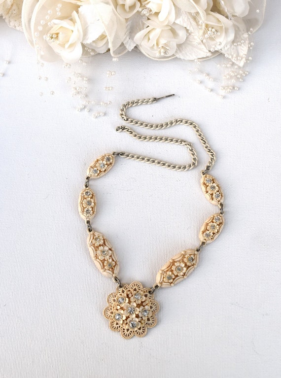 Carved Celluloid Necklace, Rhinestone Ivory White 