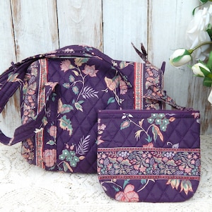 Vintage Vera Bradley Purse with Bonus Makeup Bag, Vera Bradley Indiana Purple Pink Floral Print Shoulder Bag Handbag HEATHER