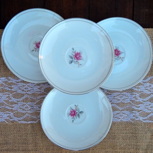 Fine China of Japan SERENITY Saucers Set of 4, Rare Discontinued Vintage White Saucers Pink Rose Platinum Rim
