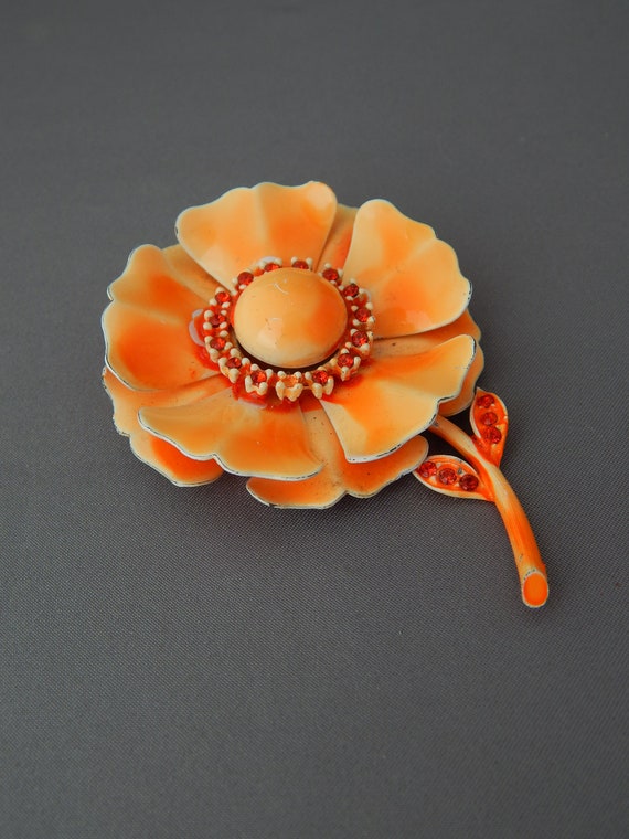 Orange Enamel Flower Pin, Rhinestone Enamel Flowe… - image 6