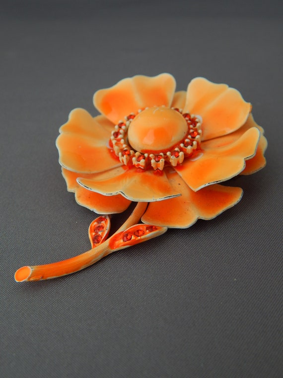 Orange Enamel Flower Pin, Rhinestone Enamel Flowe… - image 1