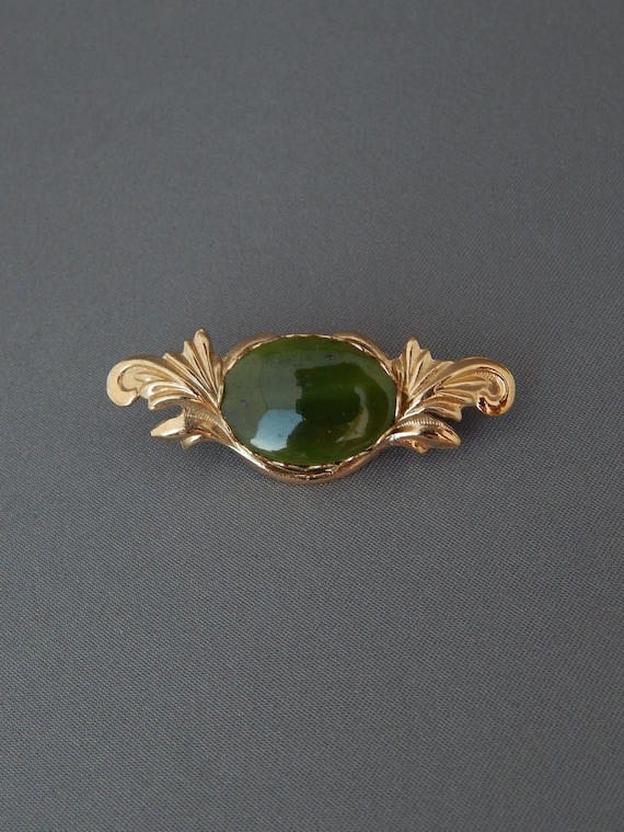 Nephrite Jade Brooch, Gold Tone Green Collar Broo… - image 1