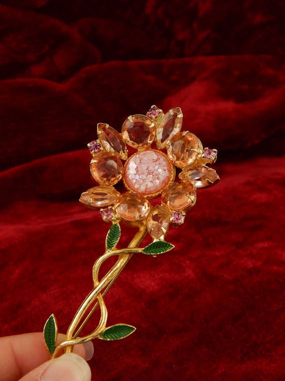 BIG Flower Pin Pink Rhinestones Lucite Enamel - image 4